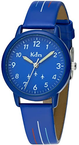 KDM Kinderuhr Jungen Mädchen Lernuhr Kinder Armbanduhr Analog Quarz Leder Leuchtend Wasserdicht Uhr Zeit Lehrer, Geschenke für Kinder 3-12 Jahre, Blau