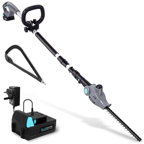 BlueMars Lawn and Garden Cordless Telescopic Pole Hedge Trimmer, 256cm Long Reach Extendable Trimmer for Hedges, Bushes, Branches, Shrubs – 2.0AH Battery, Charger, Shoulder Strap Included