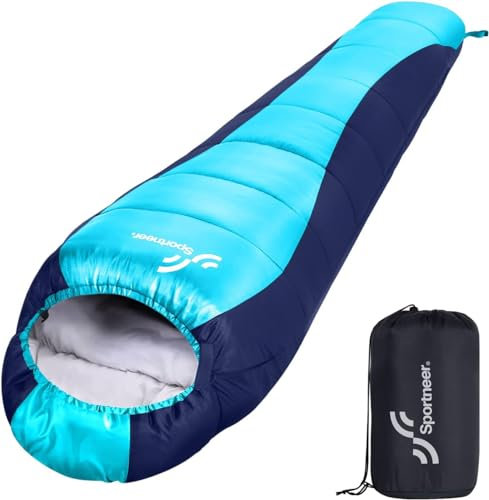 Schlafsack Outdoor Mumienschlafsack: Sportneer 3–4 Jahreszeiten Leichtes Wasserabweisend Schlafsack 5 ℃ - 15 ℃ für Reise Festival Camping Indoor Kleines Packmaß & Ultraleicht, Blau