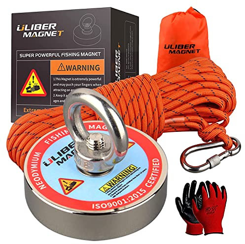 ULIBERMAG Super starke Angelmagnete, 320 kg N52 Neodym Magnet mit Seil, Handschuhen, zum Magnetangeln und Schatzsuche unter Wasser ..