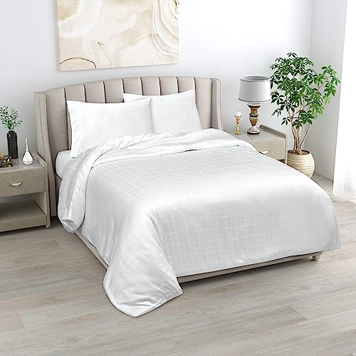 Linenwalas 100 % Tencel-Bettbezug, King-Size-Designer, kariert, weich, atmungsaktiv, Lyocell-Bettbezug-Set, Eukalyptus-Bettwäsche (King-Size, weiß)