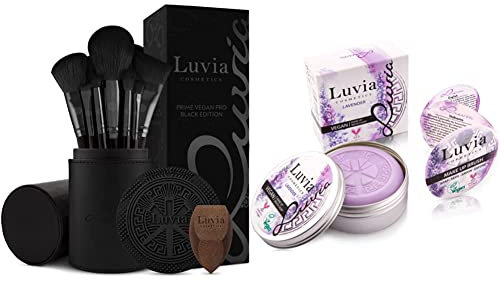 Make-up Pinselset Luvia, Prime Vegan Pro - Black & Luvia Pinselreiniger Kosmetik - Brush Soap Flieder – Zur Kosmetik-Pinsel-Reinigung - Beauty-Blender Seife - 100g XXL