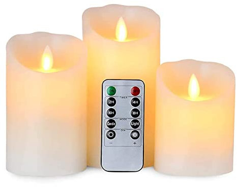 AnnSpa 3 Set LED Kerzen Batteriebetriebene mit Fernbedienung Flammenlose Echtes Wachs Flackern Moving Wick Flackern Amber Yellow Light Pillar Candles, Unscented Wachs