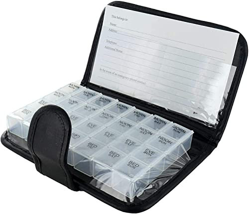 New 7 Day Pill Organiser 4 Times a Day Big Weekly Pill Box with Portable Zipper PU Leather Bag Dispenser Travel Medicine Storage Wallet Reminder for Medicine Supplements Vitamins with 28 Compartments