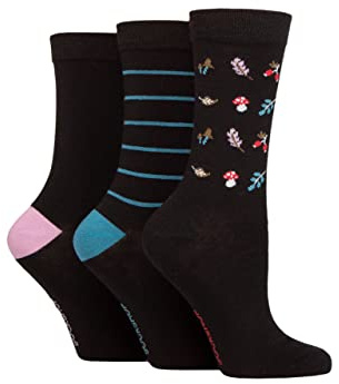 SockShop Ladies’ Plain Patterned Striped Bamboo Socks Soft Breathable Socks Assorted Colours 4-8 Pack of 3 (Woodland Patterned)