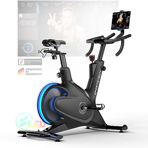 Sportstech sBike Lite - Vélo d'intérieur intelligent avec ses LED intégrées + application avec cours en direct et à la demande et support de tablette à 360° pour un entraînement complet du corps