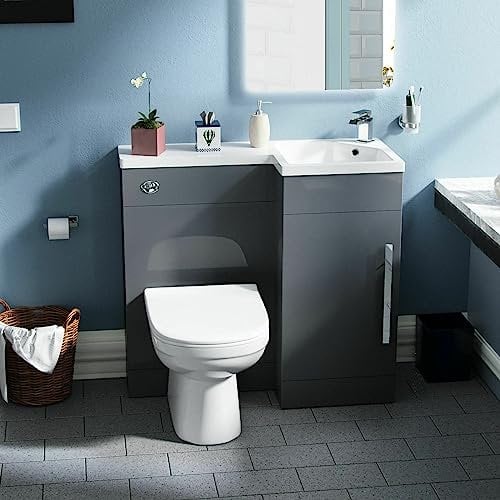 Nes Home Debra Flat Packed Compact 900mm Grey L-Shape Right Hand Vanity Unit and Toilet Bathroom
