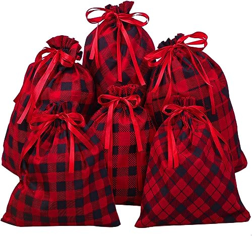 LATERN 6Pcs Christmas Drawstring Bags, Large Red and Black Buffalo Plaid Drawstring Bags Cotton Xmas Gift Bags Christmas Wrapping Bags Treat Goody Bags for Christmas Party Favor (6 Styles, 2 Size)