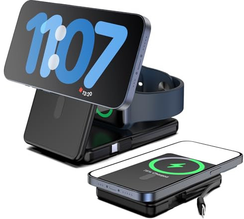 3 in 1 Powerbank Mag-safe 5000 mAh,Pieghevole Caricatore Wireless per iPhone 15/14/13/12/pro/Apple Watch,Powerbank Wireless,Caricatore Wireless iPhone con Cavo di Tipo C Incorporato (Nero)