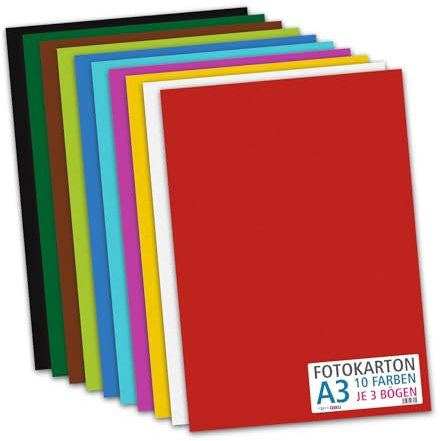 itenga Fotokarton Bogen farbig sortiert DIN A2 A3 A4 A5 A6-300 g/qm 30 Blatt - Tonkarton Bastelkarton Bastelpapier 10 Standardfarben - pro Farben je 3 Blatt (DIN A3-30 Blatt 10 Farben 300 g/qm)