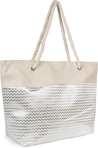 styleBREAKER XXL Strandtasche mit metallic Zick-Zack Muster | große Damen Schultertasche mit Kordelgriffen & Reißverschluss | Shopper 58,5 x 36,5 x 16 cm, Farbe:Beige-Silber