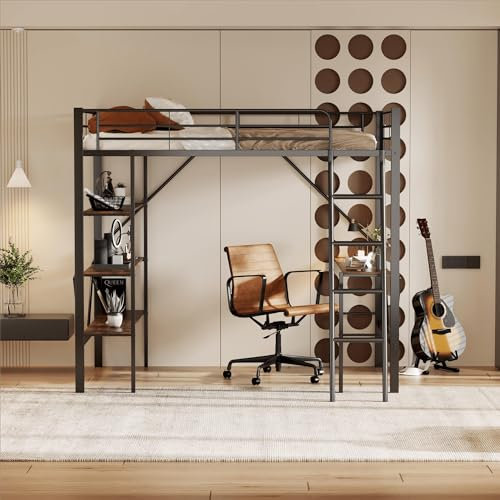 HYUB Etagenbett 90x200cm mit Metalllattenrost, Kinderbett Hochbett mit Schreibtisch und DREI offene Ablagefächer für Kinder, Jugendliche und Erwachsene, Ohne Matratze, Schwarz