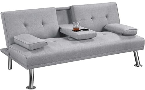 Yaheetech Sofá Cama de 2 Plazas Cama Plegable Tapizada de Poliéster Sofá con Soporte de Botella Cama 167 X94 cm MAX Capacidad 350 KG Cama Doble Gris