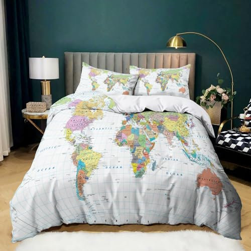 XCQHZYQ Bettbezug 135 x 200 cm Weltkarte Weiß 3D Drucken Bettbezug Set Mikrofaser Kinderbettwäsche Set für Kinder Teens, Bettwäsche mit 2 Kissenbezüge 80x80 cm
