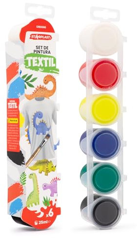Starplast Pintura Textil - 6x25ml, Colores Para Textil, Juego de Pinturas, No Tóxicas, Botes, Tubos o Frascos de plástico, para manualidades, sobre lienzo y más.