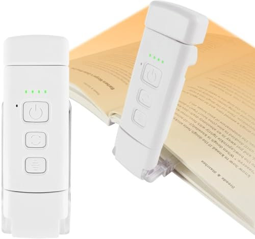 QUMOX Lámpara de Lectura LED con Clip – 3 Tonos Ámbar, 5 Niveles de Brillo, Temporizador, Cabezal Ajustable, Recargable por USB – Luz de Lectura para Libros, Cama, Viaje – Blanco