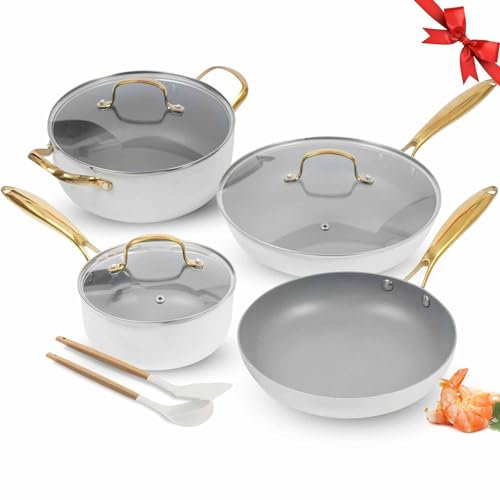 Nonstick Pots and Pans Set, 9 Pieces Non Stick Kitchen Cookware, Cooking Skillets Include Frying Pan with Lid, Saucepan, Casserole, Spoon, Turner Spatula, PFOA Free for Induction, Gold & White