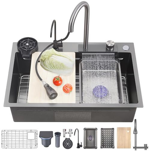 Ribanedy Fregadero De Cocina Cascada Gris Oscuro 86x50 cm, Fregadero De Cocina Empotrado De Acero Inoxidable, Fregadero Moderno Versátil De Un Tanque Con Grifo De Pulverización Extraíble Y Accesorios