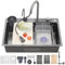 Ribanedy Fregadero De Cocina Cascada Gris Oscuro 86x50 cm, Fregadero De Cocina Empotrado De Acero Inoxidable, Fregadero Moderno Versátil De Un Tanque Con Grifo De Pulverización Extraíble Y Accesorios