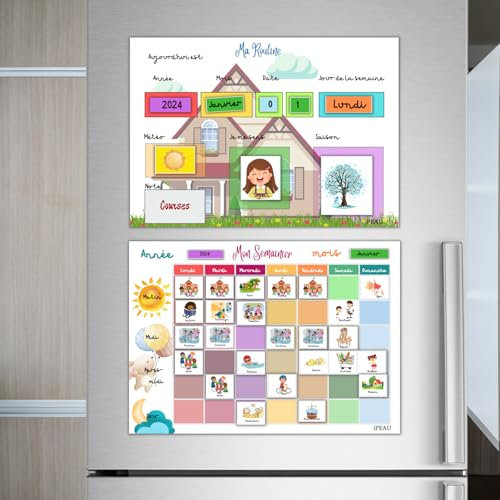 iPEAU Montessori Lernkalender für Kinder, 3 – 8 Jahre, Wochenplaner, 114 Magnete, Wochenplaner, Tagesabläufe, beschreibbar, löschbar, Autonomie und lustige Organisation (Englisch)