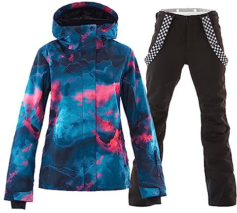 ALSOGO Damen Skianzug Schneeanzug Winddicht Wasserdicht Skifahren Snowboardjacke Trägerhose Set Zum Skifahren Snowboarden Klettern SMNGN+Black,S