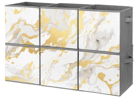 Surwin Faltbarer Aufbewahrungsboxen, 3D Marmor Drucken Schrank Organizer Kleiderschrank 6 Stück Aufbewahrungsbox mit Griff 19L Stoffboxen Aufbewahrung Aufbewahrungswürfel (Gold Weiß)