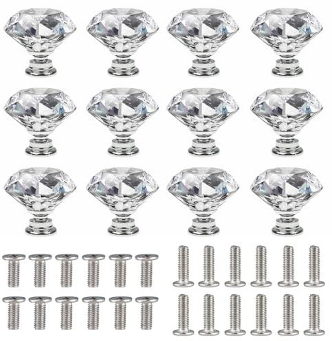 PERSENTU 12 PCS 20mm Small Clear Crystal Knobs,Diamond Shaped Cabinet Knobs Wardrobe Door Handles Clear Glass Drawer Knob for Cupboard Cabinet Dresser in Bathroom Kitchen Office with 24 Pcs M4 Screw