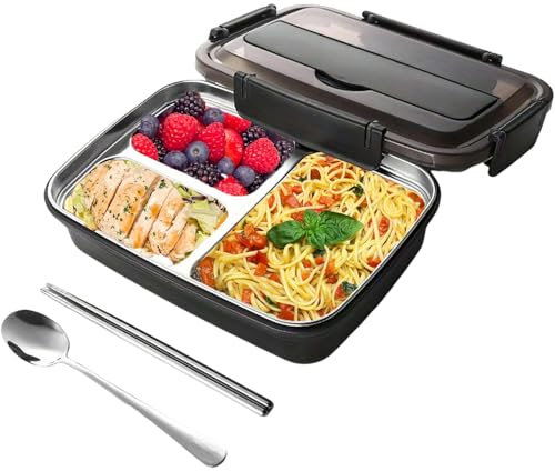 pekifaves Brotdose Edelstahl,1100ml Lunchbox Auslaufsicher Brotzeitdose mit 3 Fächer und Dichtring,mit Essstäbchen und Löffel,Brotdose Metall Umweltfreundlich für Erwachsene und Kinder