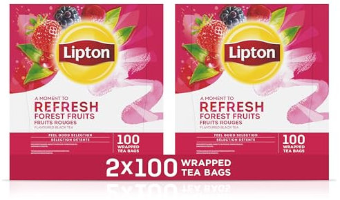 Lipton, Séléction Détente, Coffret Thé Noir, Goût Fruits Rouges, Thé Noir Aromatisé, Certifié Rainforest Alliance, 2x100 Sachets d'Origine Végétale, 200 Sachets