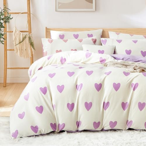 Covebett Flanelle Housse de Couette 220x240 Cœur Violet Blanc Amour Hiver Chaude Parure de lit Polaire Peluche Réversible Linge de Lit Adulte 2 Personnes Fermeture Éclair + 2 Taie d'oreiller 65x65cm