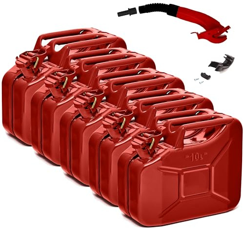 BW® Benzinkanister Metall 5x 10 Liter mit Ausgießer - Kraftstoffkanister Rot - RAL 3000 - TÜV-geprüft und UN-Zulassung - 0,9mm Stahl nach DIN 7274 - Made in Europe