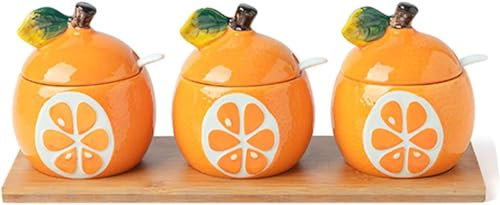 Colorful Ceramic Sugar Bowl Set with Lid Spoon and Seasoning Canisters Lemon and Orange 3 Piece Set
