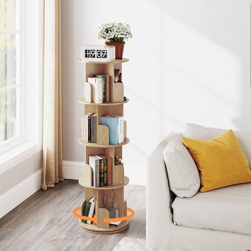 Nisorpa drehbares Bücherregal 360 Grad, 4-stöckig aus Massivholz, Eichefarben, Bücherregal drehbar Holz, Kinder Rotating Bookcase, für Wohnzimmer Kinderzimmer Arbeitszimmer