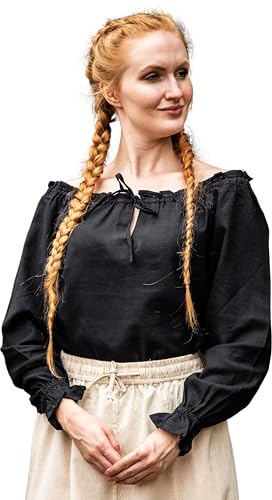 Leonardo Carbone® Damen Bluse Mittelalterbluse Edith | Offenschulterig | Rüschenärmel | Karneval, Halloween, Cosplay, LARP, Kostüm, Mittelalter, Festkleidung | 100% Baumwolle Schwarz 3XL