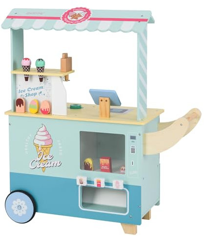 DREAMADE Kinder Eiswagen mit 15 Zubehör, Kaufladen aus Holz mit 2 Rädern & Markise, Eisstand Einkaufsladen für Kinder ab 3 Jahren (Cyan)