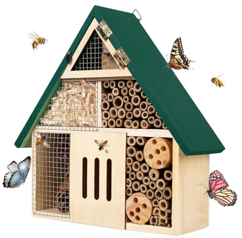 Bee House Hanging Insect Hotel – Natural Wooden Bee Hotel for Outdoors, DIY Insect Shelter for Garden, Yard, or Balcony – Attracts Pollinators Like Bees, Butterflies & Ladybugs