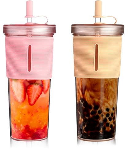Bicchiere da 710 ml con coperchio e cannuccia, 2 bicchieri da tè con cannuccia, bicchieri di plastica con coperchio, bicchieri con paglia, per smoothie, per caffè freddo, tazza (rosa, cachi)