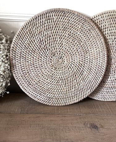 White Wash Rattan Placemats Set of 2 Set of 6 Coasters Cutlery Utensil Cutlery and Condiment Caddy Holder Boho Farmhouse Style (Placemats Set of 2 (29cm))