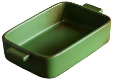 Lijiaxiuyc-101 Plat Four Plaque rectangulaire Simple Vintage en céramique Brute, Plaque de Cuisson à Double Oreille, Four à glaçage, Four à Micro-Ondes Plat Four rectangulaire(Green)