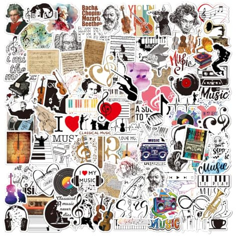 Musik Sticker Musiker Aufkleber 100 Stück, Musiknoten Instrumente Wasserfeste Vinyl Stickers für Scrapbook Laptop Skateboard Koffer Helm (Musik)