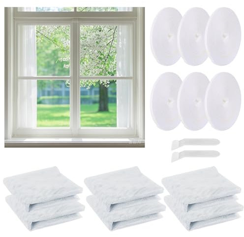 Fly Screens for Windows 6 Packs Window Screen 130 x 150cm Window Netting for Insects with 6 Rolls Velcro Tape Self Adhesive Insect Mesh Window Net Mosquito Net Window White