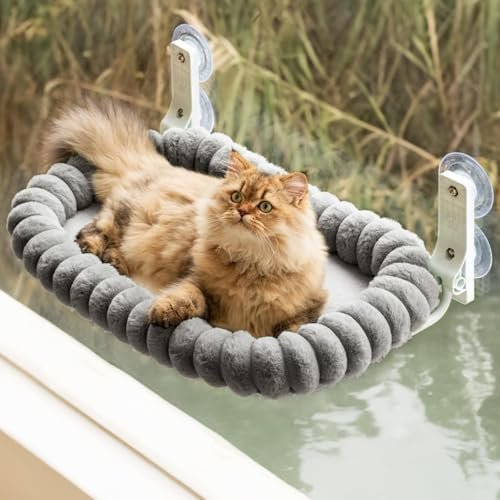 Stilvoll Katzen Fensterliege Hängematte Weich mit Abnehmbarem Wendebezug - Katzen Hängematte Fenster mit Stabiles Stahlgestell Halt bis 18kg (Grau, M)