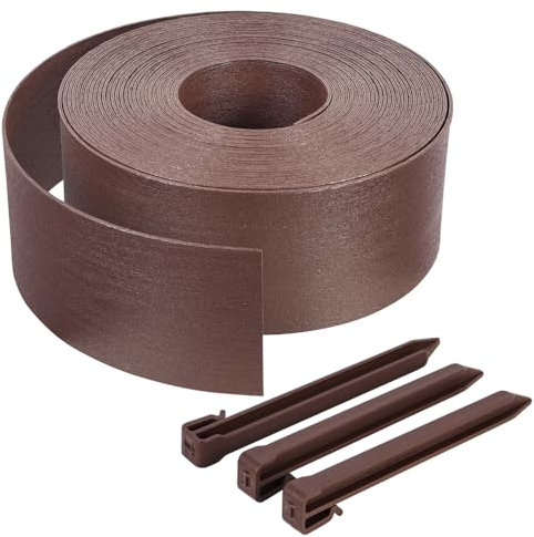 VOUNOT® Bordure de Jardin en PE 20 mètres avec 12 Piquets d’ancrage Bordure de Gazon Flexible Bordurette de Pelouse Aspect Naturel Hauteur 8cm Epaisseur 3mm Marron