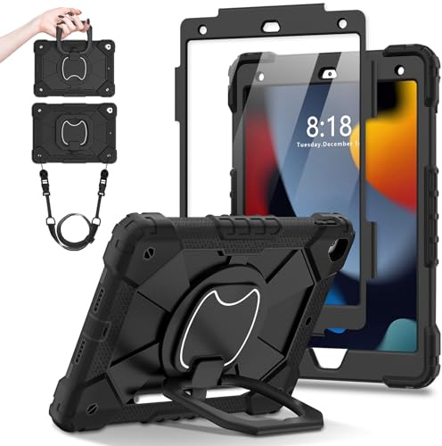 Case for iPad 10.2 inch 9th/8th/7th (2021/2020/2019) with HD Screen Protector, Shoulder Strap, Heavy Duty Shockproof, Pencil Holder/Rotating Stand (Black)