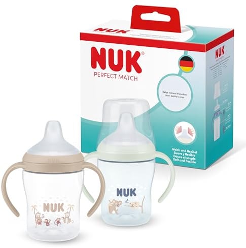 NUK Perfect Match Learner Bottle | 6+ Months | 150ml | Leak Proof Sippy Cup Toddler Bottle | Anti-Slip Handles | Glow in The Dark | Koala | 2 Count