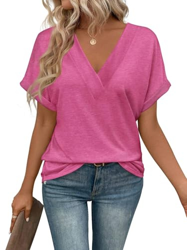 Cuptacc Tshirt Femme Ete Manche Courte Haut Col V Top Rose Rouge XXXL 54-56