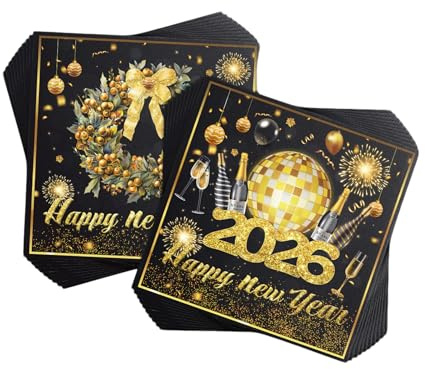 40 Stück Servietten Silvester, 2026 Happy New Year Silvester Deko, Neujahr Tischdeko Schwarz Gold SilvesterParty Servietten, Papierservietten Accessories, Neujahrsdekorationen Aus Papier (33x33cm)