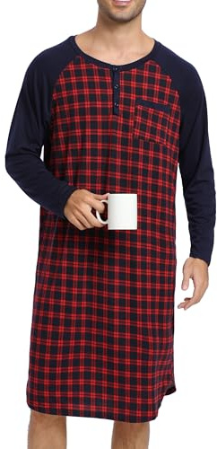 Enjoyoself Chemise de Nuit Homme Hauts de Pyjama Tee-Shirt Longueur Genou Manches Longues Col Rond avec Boutons Vêtements d'Intérieur Douce Confortable Grande Taille M-4XL