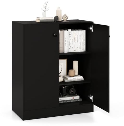 COSTWAY Armoire Cuisine Rangement 2 Portes, Meuble de Rangement avec Étagère à 3 Niveaux, Buffet, Dispositif Anti-Basculement, pour Salon, Cuisine, Salle à Manger, Entrée (Noir)