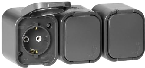 Miratic Enchufe Triple Pared IP54 a Prueba de Salpicaduras con Tapa Enchufe Multiple Schuko Toma de Corriente para Garaje Sótano y Zonas Húmedas (Gris)